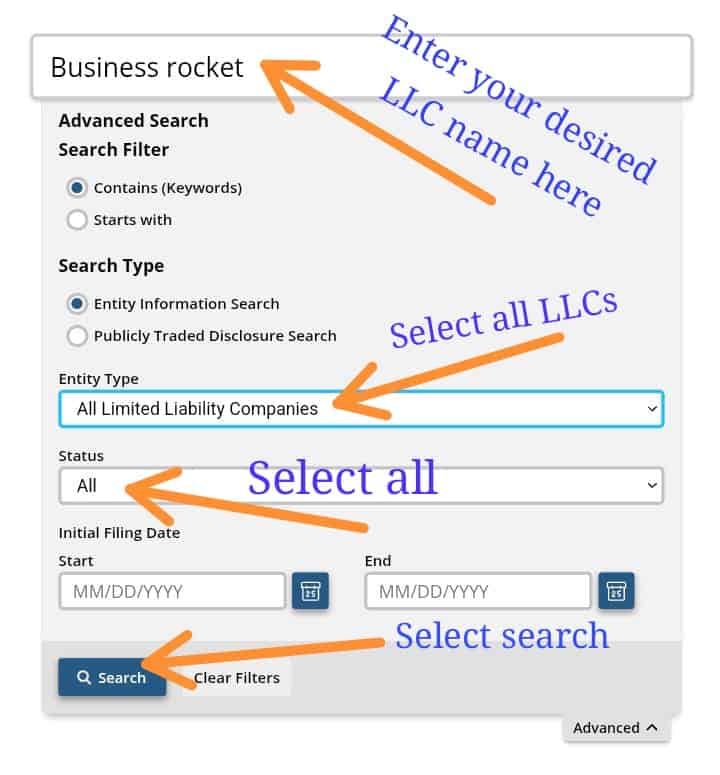 California Secretary Of State business entity advance search with different options