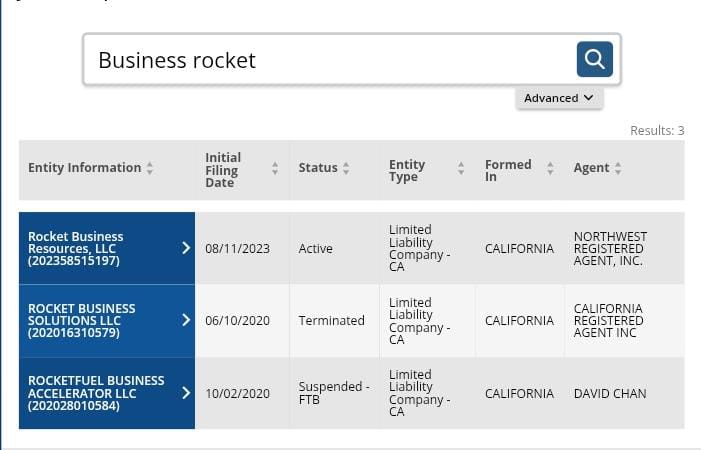 California Secretary Of State search result page