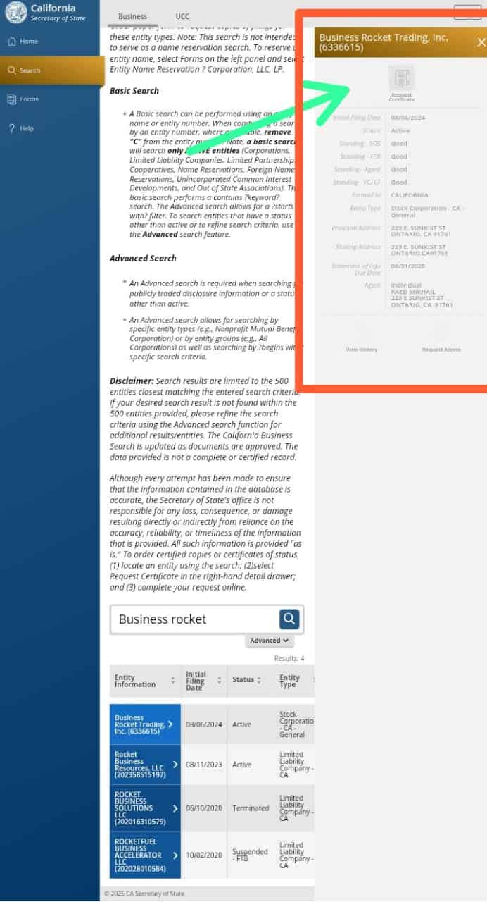 California Secretary Of State Business Details Page - Request Certificates