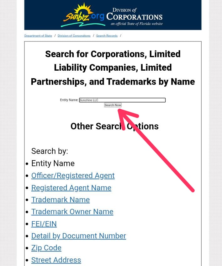 Florida Business Entity Search Through Florida Division of Corporations Step 4: Enter Search Details 