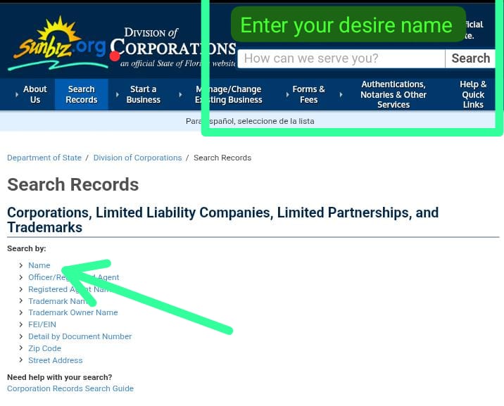 Florida Business Entity Search Through Florida Division of Corporations Step 3: Choose Your Search Criteria