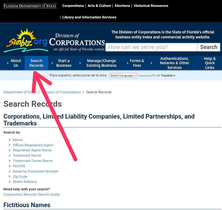 Business Entity Search in Florida Step 2: Select Search Records