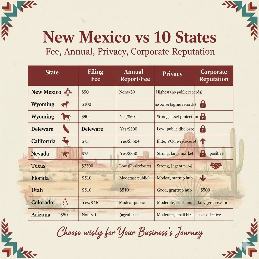 New Mexico vs 10 States — Fee, Annual, Privacy, Corporate Reputation