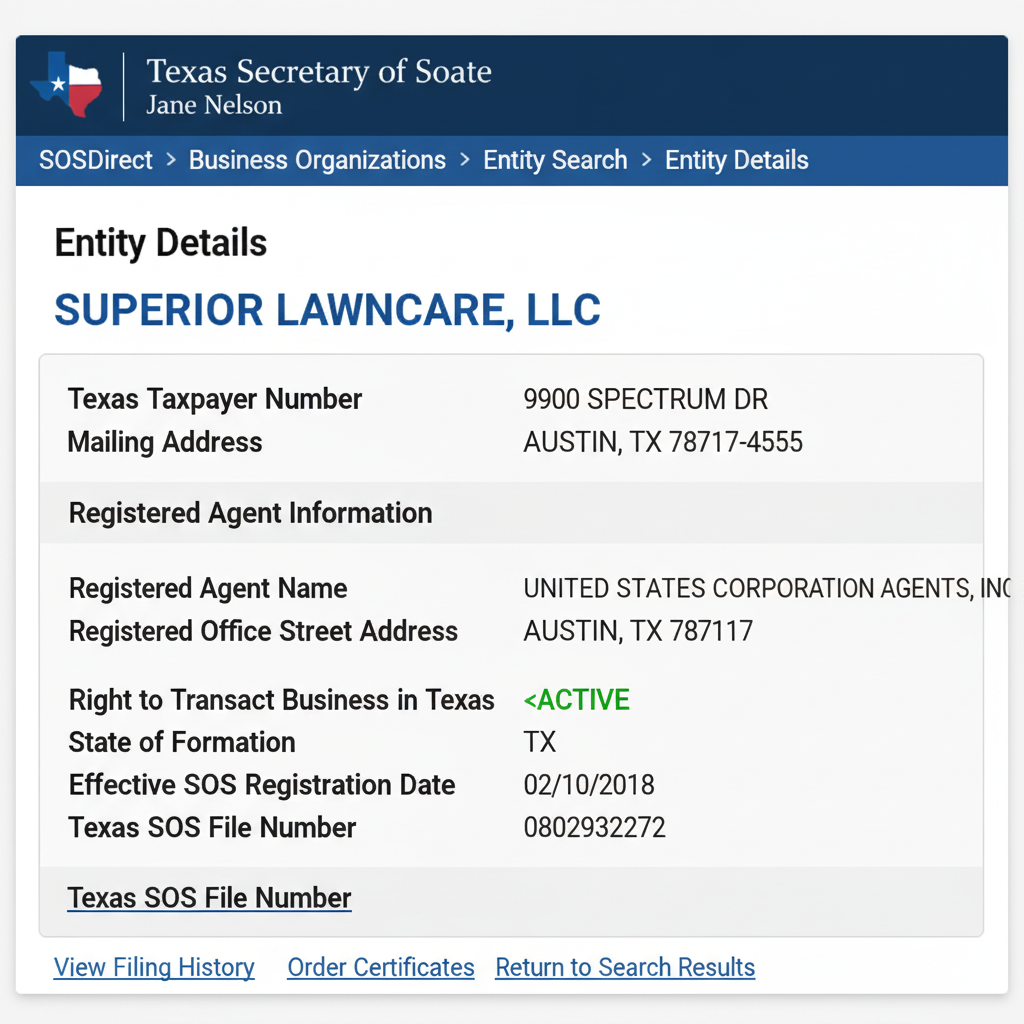 Detailed SOSDirect entity profile showing registered agent name and business address.