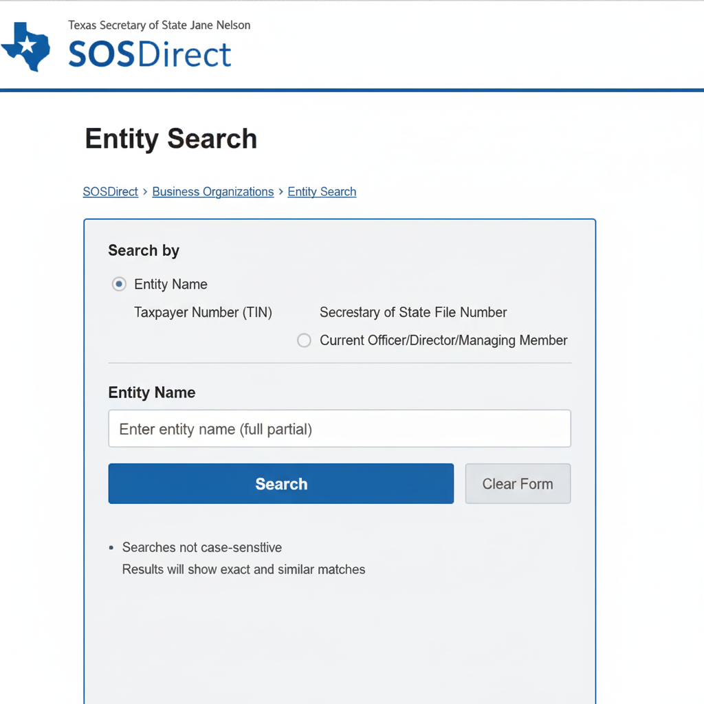 SOSDirect Entity Search form to type in an LLC name and check availability. 