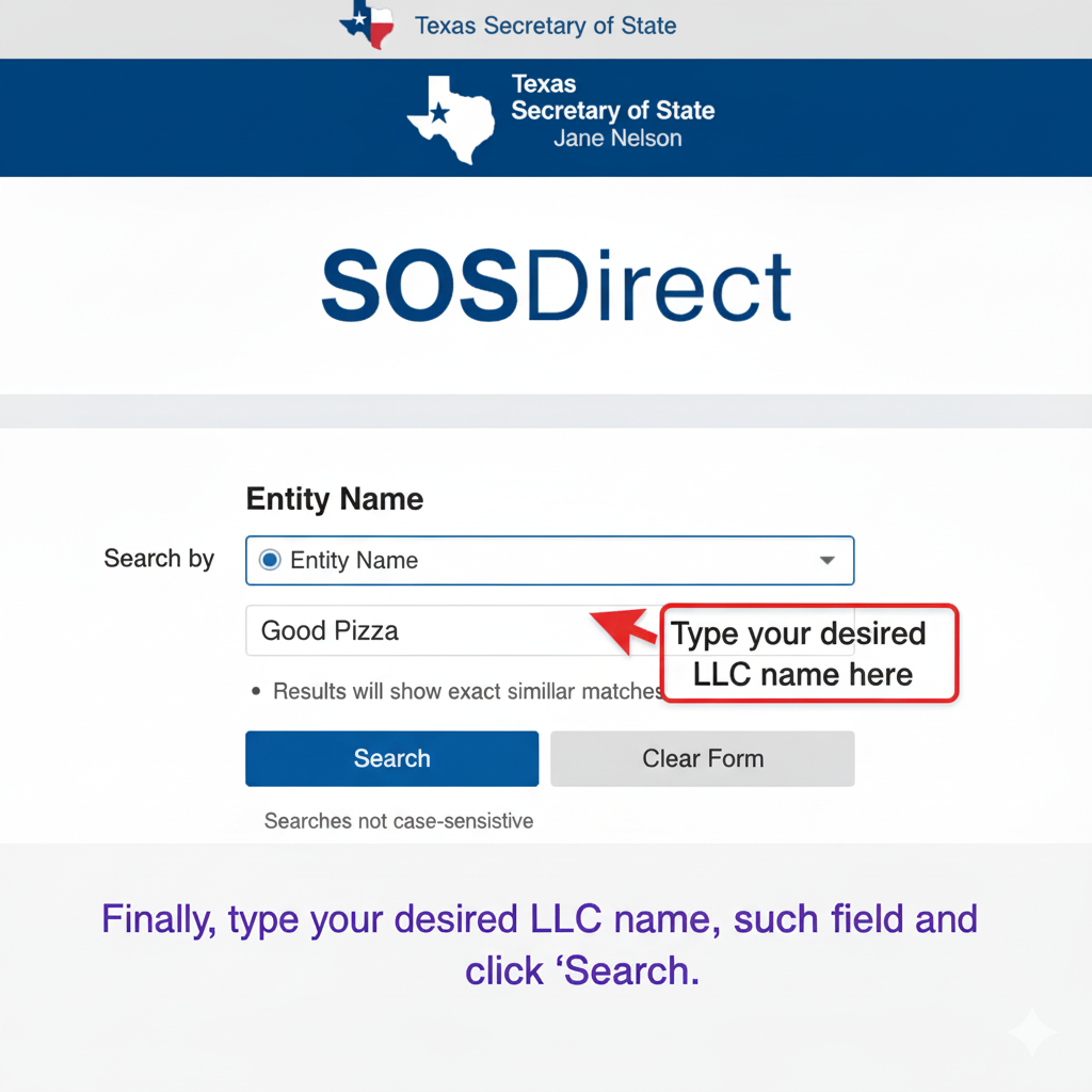 SOSDirect Entity Search form with "Good Pizza" typed in the name field, ready for search. 