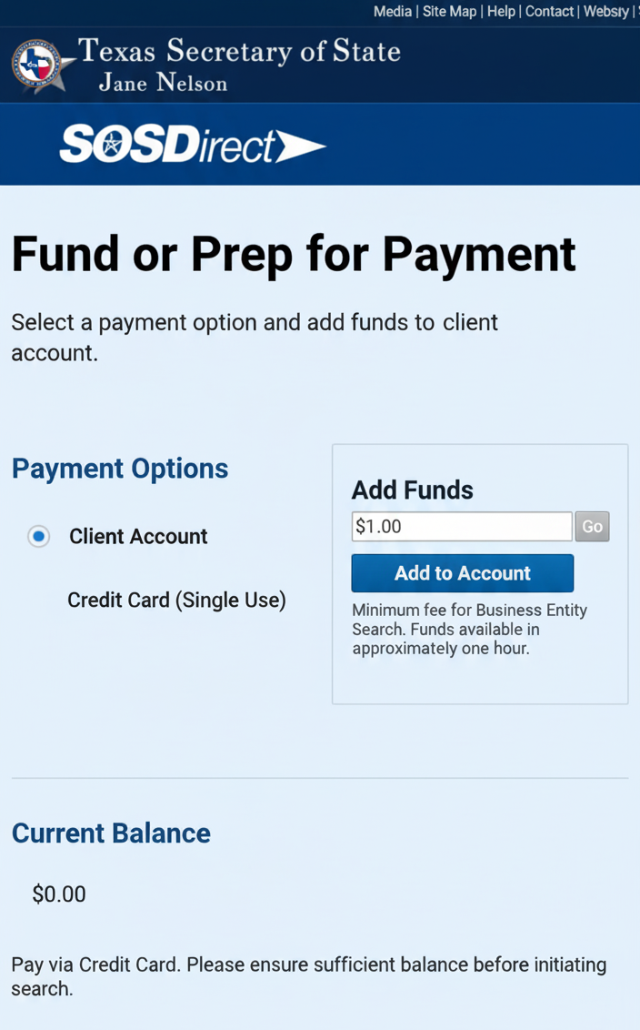 SOSDirect payment screen showing the Client Account and Credit Card options to fund an LLC search. 