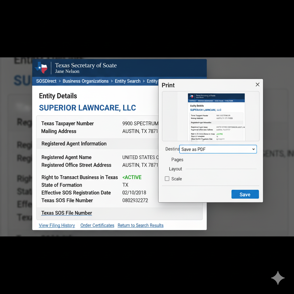 Browser print/save dialog showing options to save the SOSDirect search results as a PDF for records. 