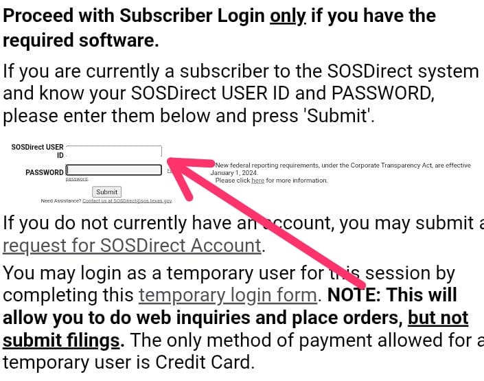 SOSDirect login options for subscriber or temporary user. 