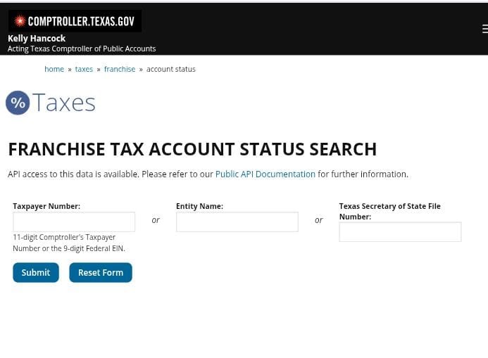 Texas Comptroller's Franchise Tax Account Status Search form, used to verify an LLC's name and status