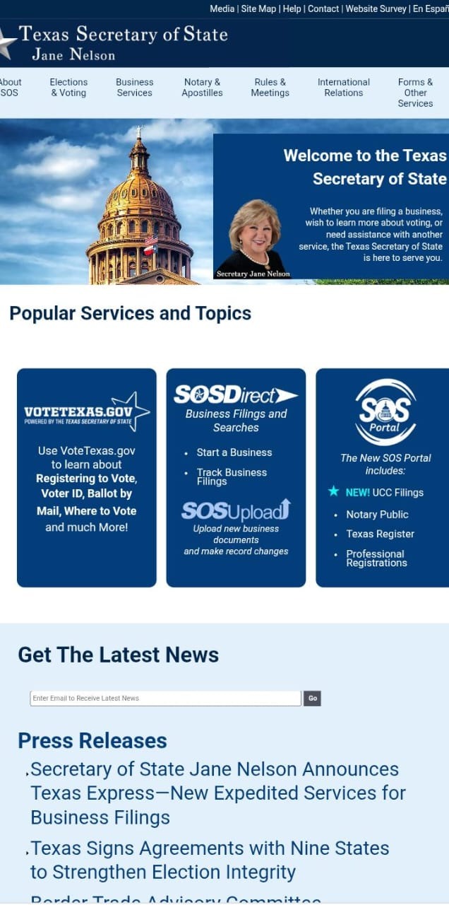 Texas Secretary of State homepage used to access SOSDirect for LLC name searches. 