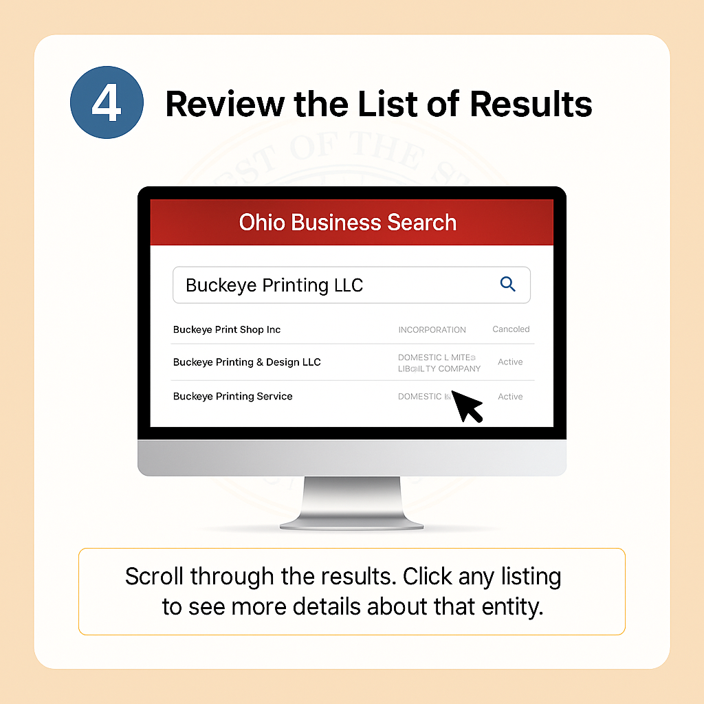 Step 4: Showing the results list from the Ohio business name search, instructing the user to review the list.