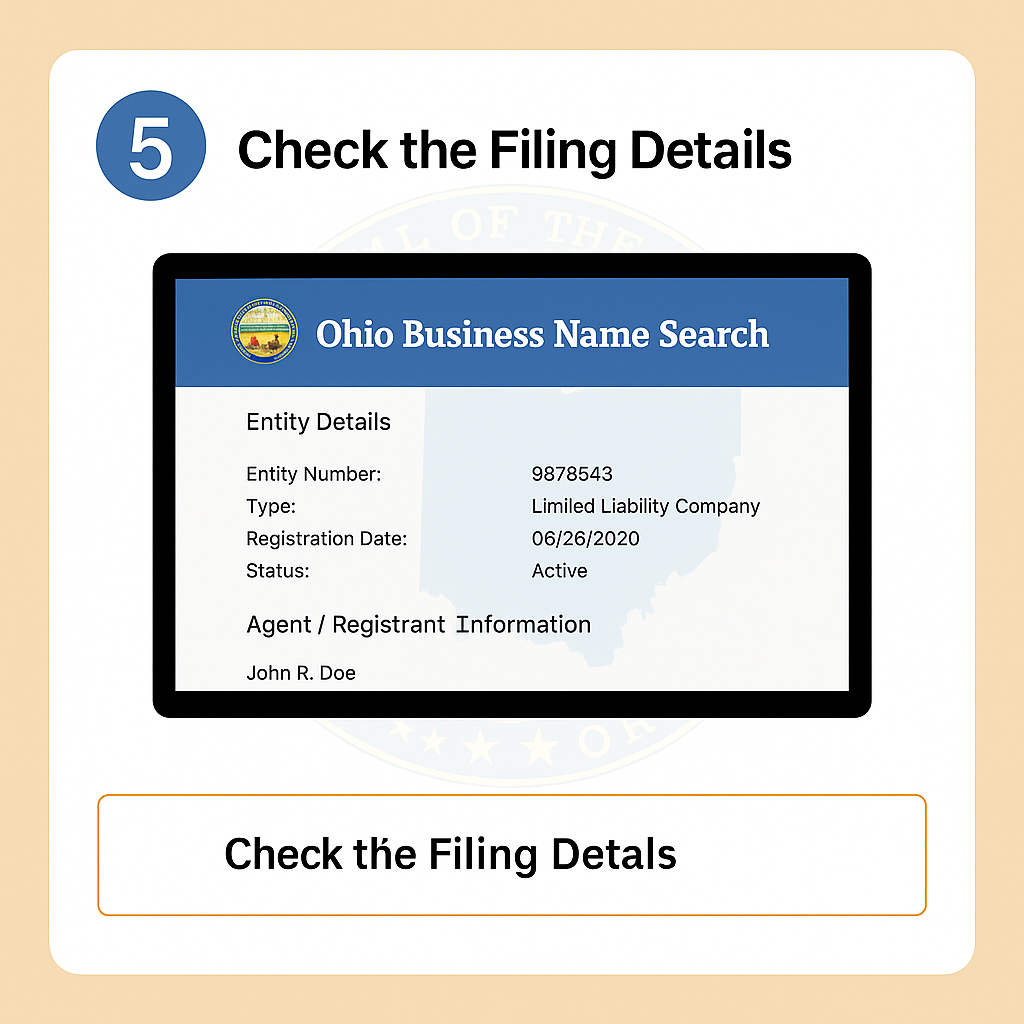 Step 5: Final step of the Ohio business entity search, which is checking the specific filing details of a business.