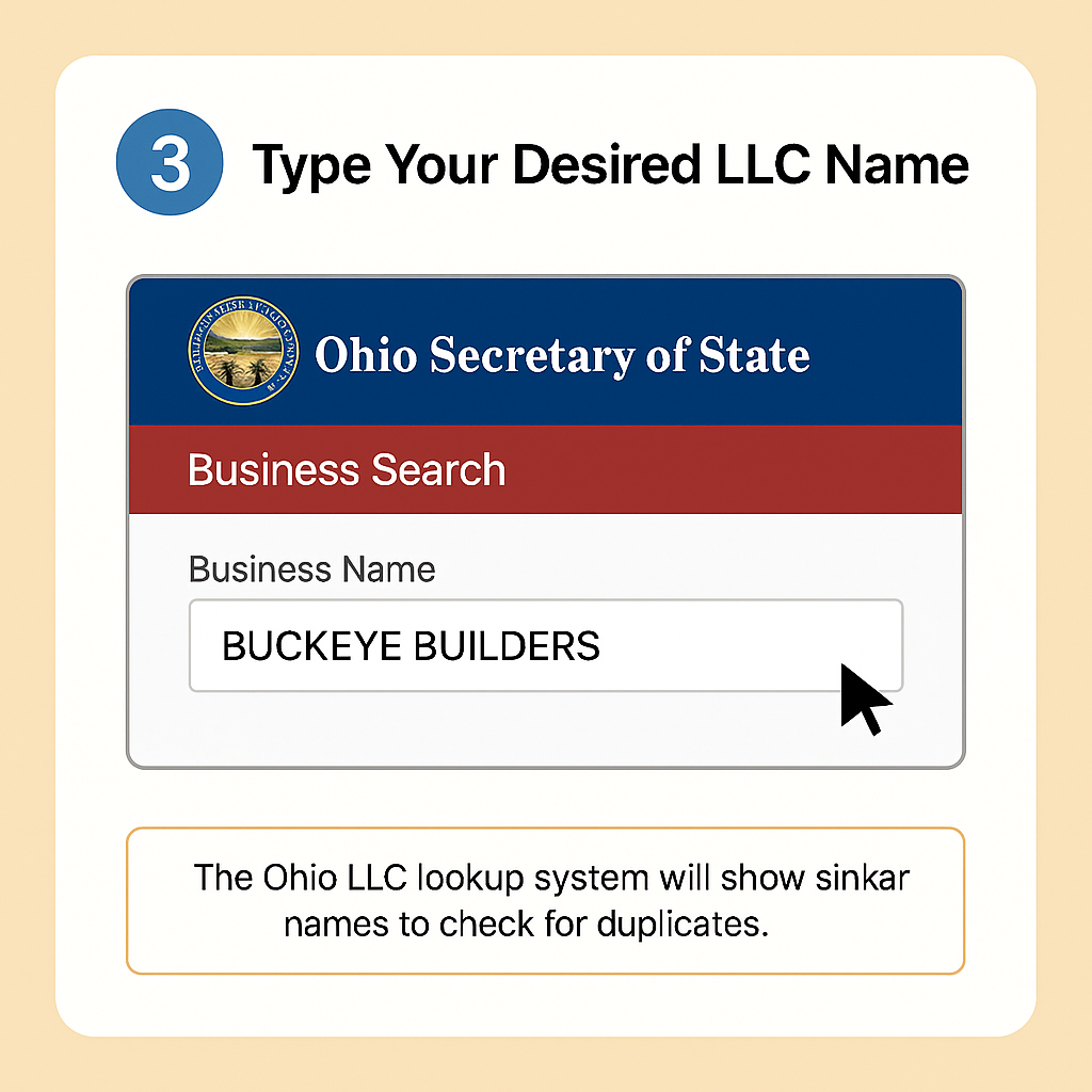 Step 3 for the Ohio business entity search: A hand is shown typing the desired LLC name into the search bar on the website.