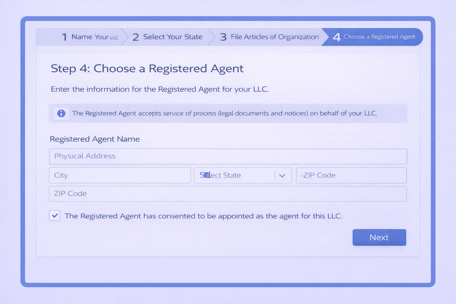 LLC Formation:: Step-4 Choose registered agent