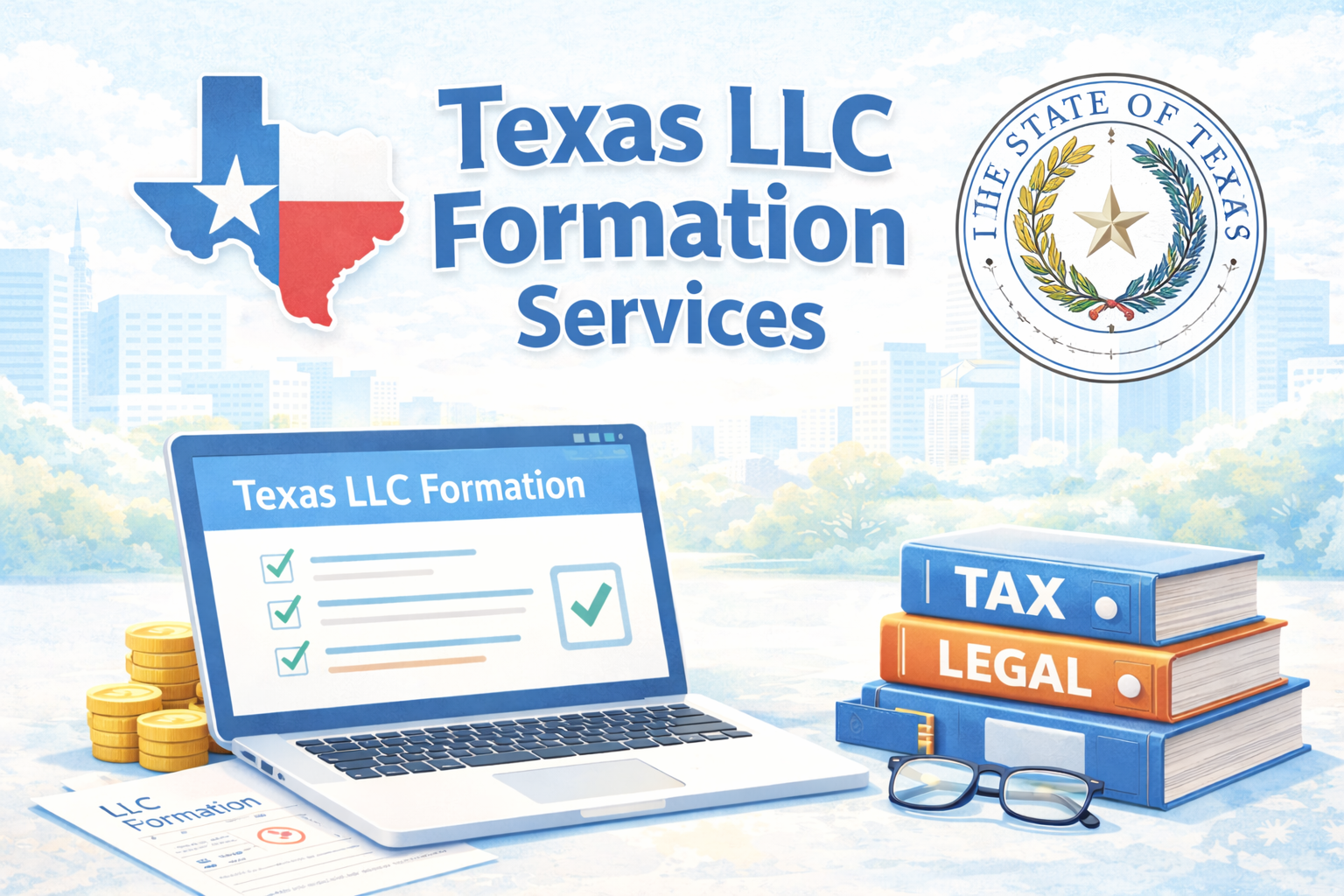 Texas LLC formation services illustration with Texas state seal, online registration checklist, and legal documents