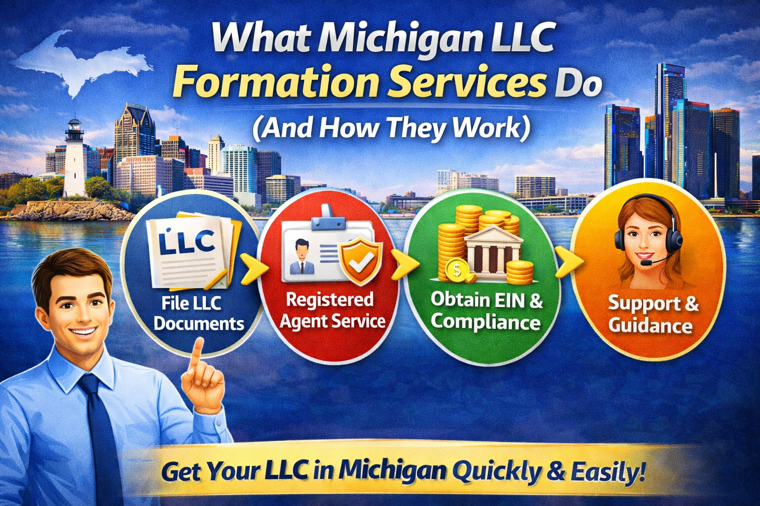 File LLC Documents Registered Agent Service Obtain EIN & Compliance Support & Guidance Get Your LLC in Michigan Quickly & Easily!