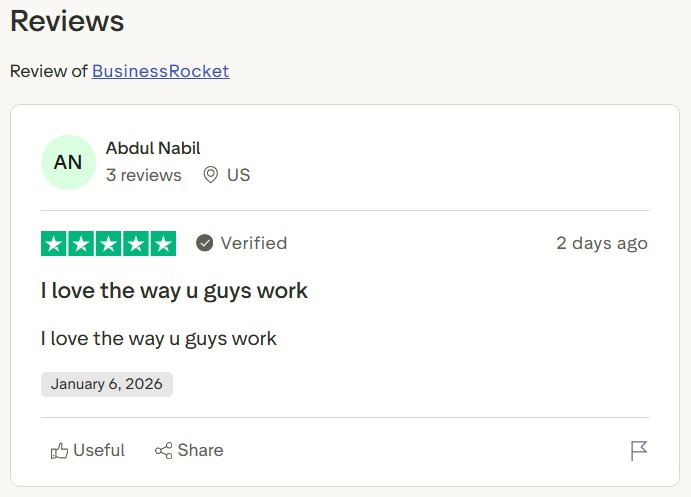  BusinessRocket 2026 Trustpilot review for LLC formation services 