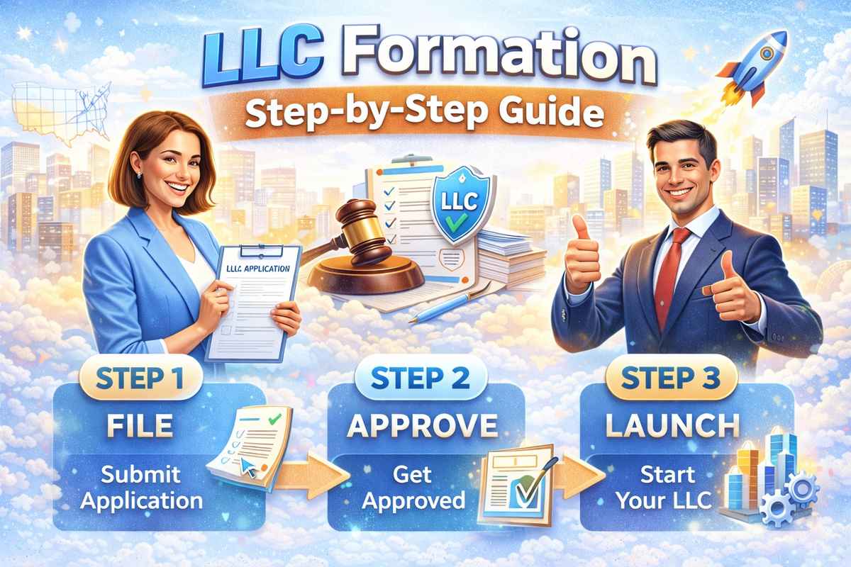 LLC formation step-by-step guide showing how to file an LLC application, receive approval, and launch your business