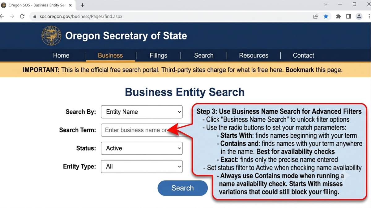 oregon-business-entity-search- Use Business Name Search for Advanced Filters