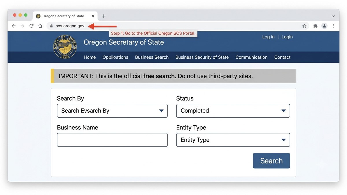 Oregon business entity search hero banner with search, verification, and registered agent features.