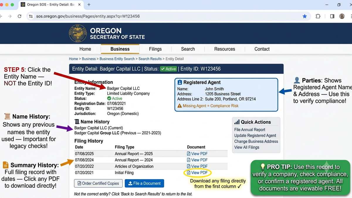 Oregon entity detail page showing filing history, registered agent information, and business record details