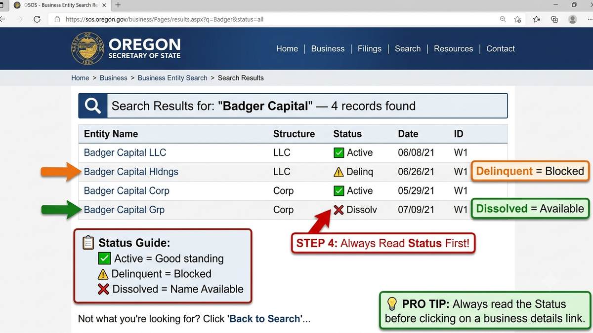 Oregon business search results explaining active, delinquent, and dissolved entity status.
