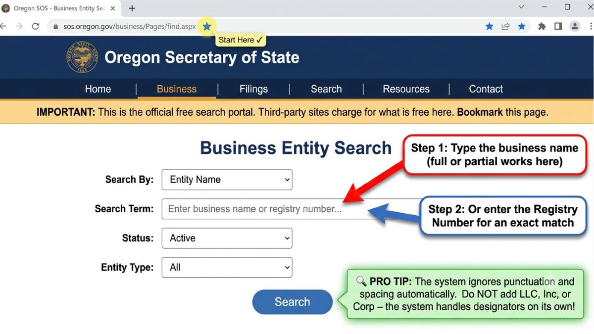 Official Oregon Secretary of State business search portal homepage
