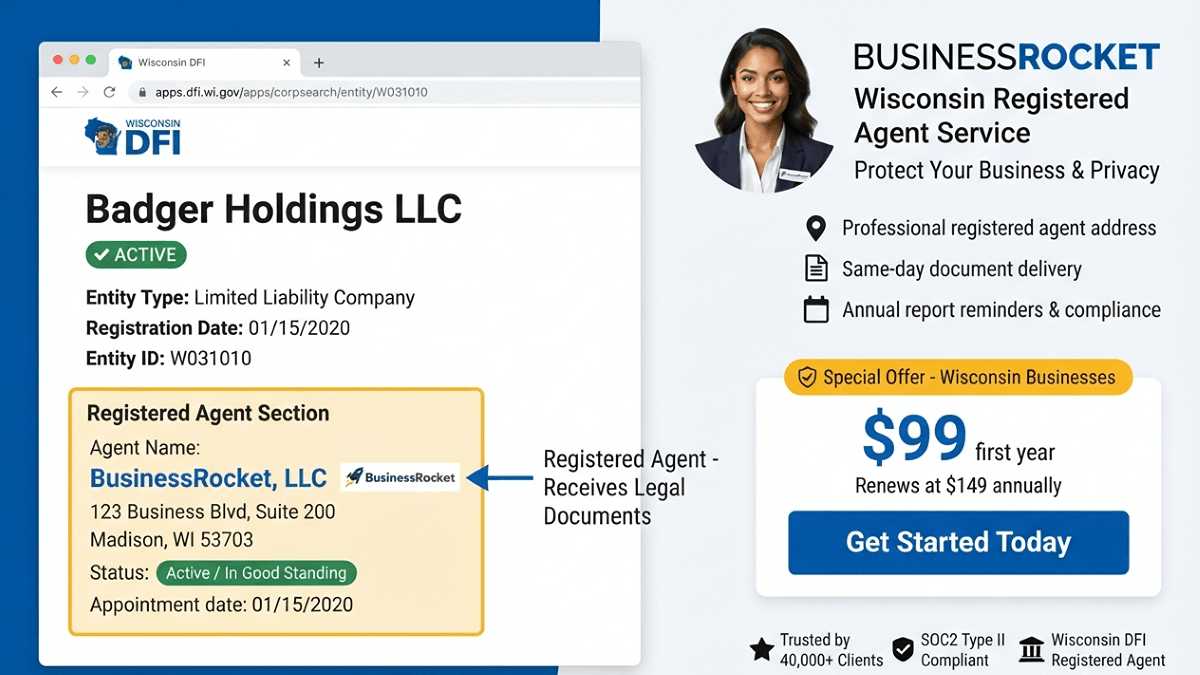 Wisconsin registered agent service by BusinessRocket shown in a DFI entity record