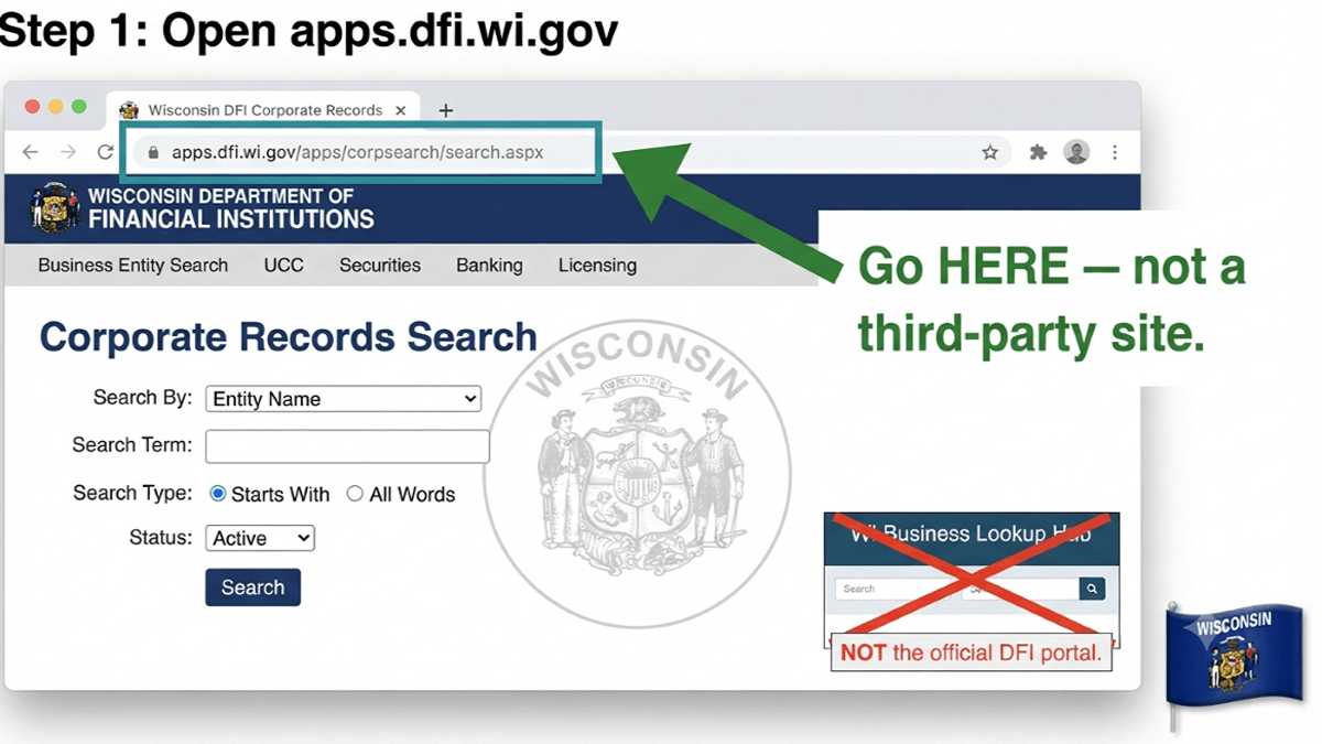 Wisconsin DFI official corporate records search portal at apps.dfi.wi.gov