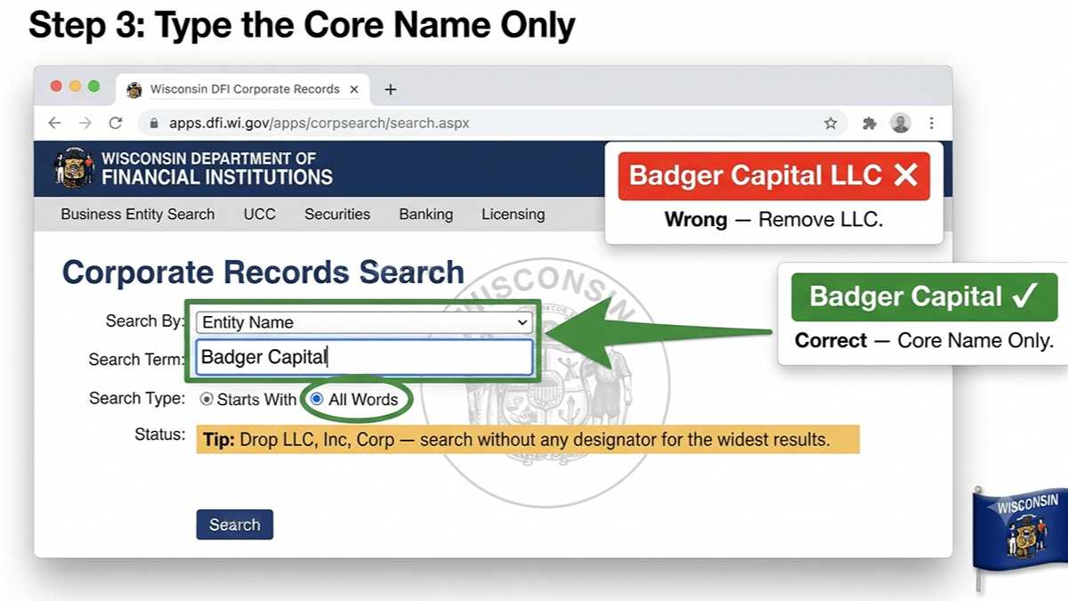 Wisconsin business search match mode options starts with and all words