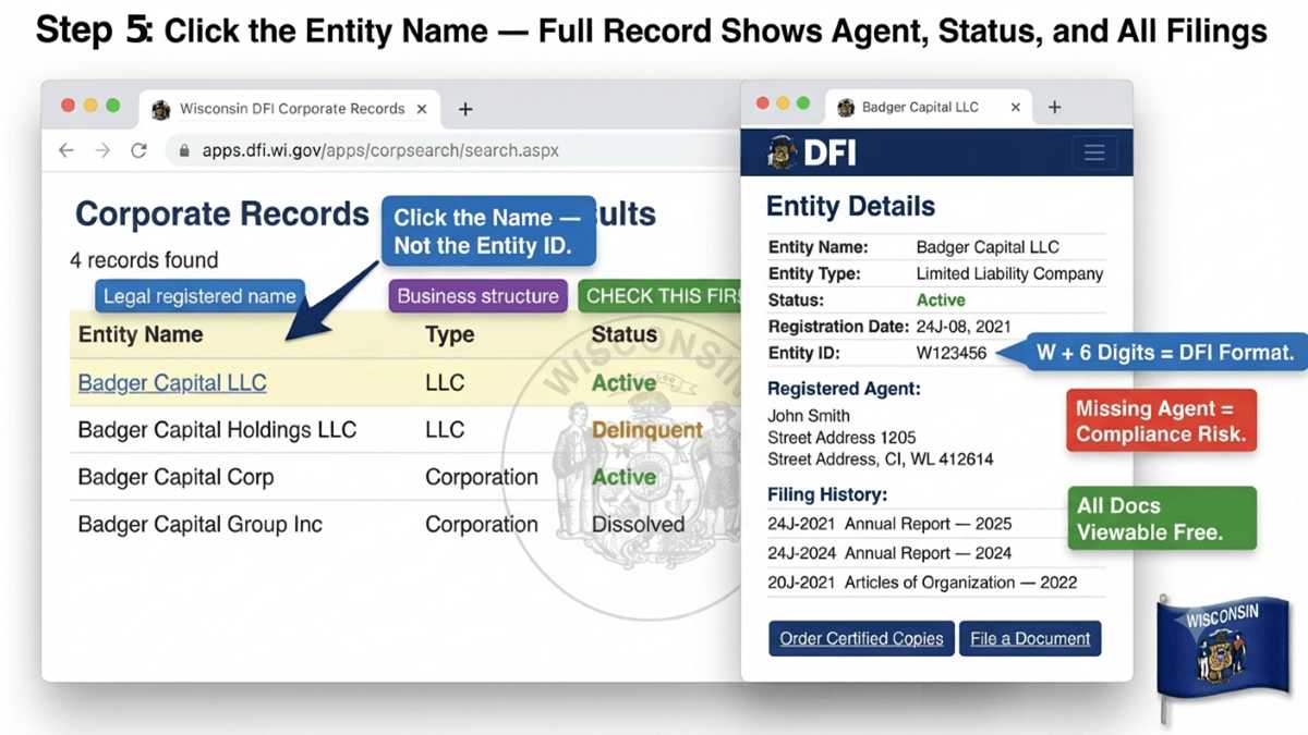 Wisconsin business entity full record showing agent status and filings
