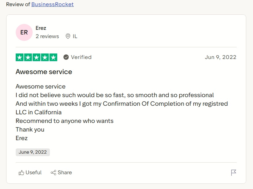 Trustpilot review by Erez about California LLC registration