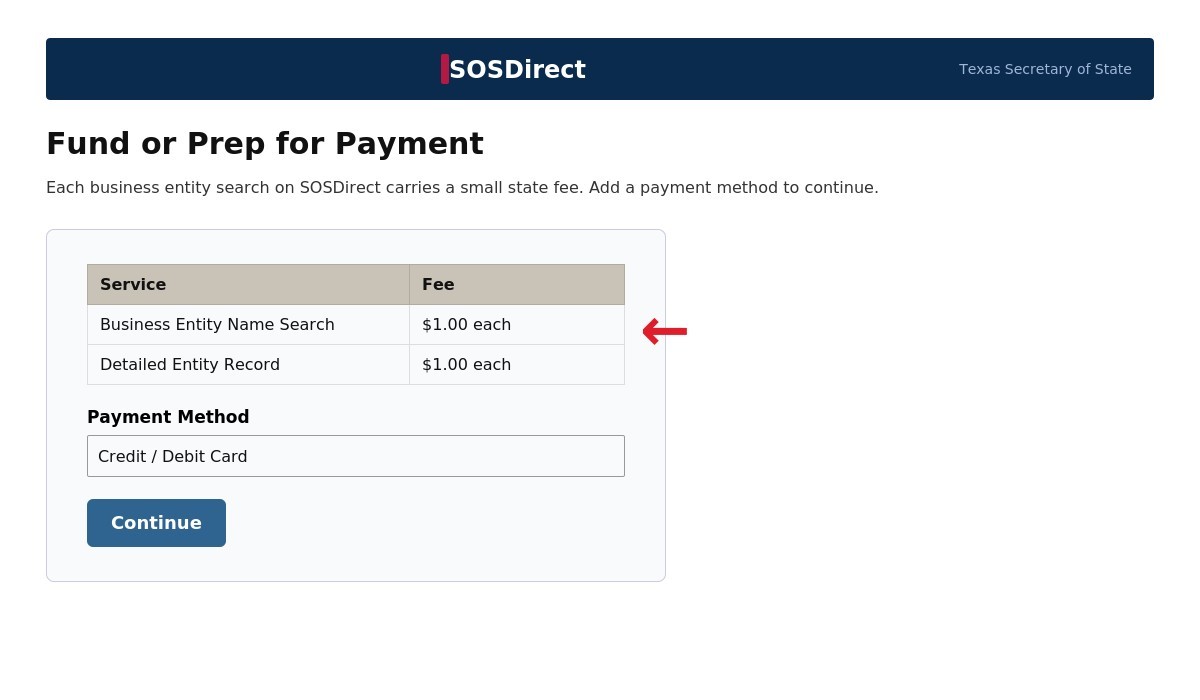 SOSDirect business entity search fees and payment