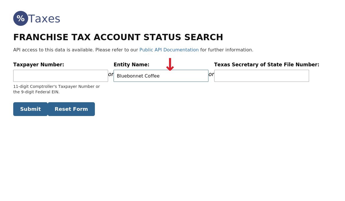 Launch a Texas business entity name search