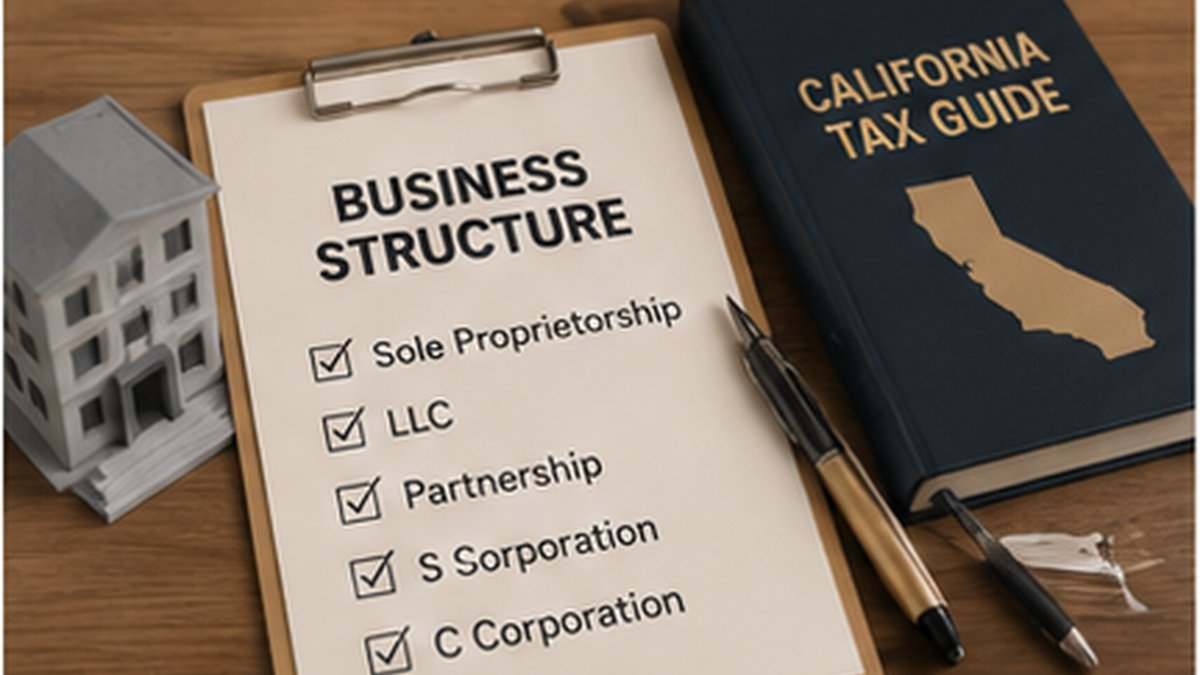 California business tax structures including sole proprietorship, LLC, partnership, S corporation, and C corporation