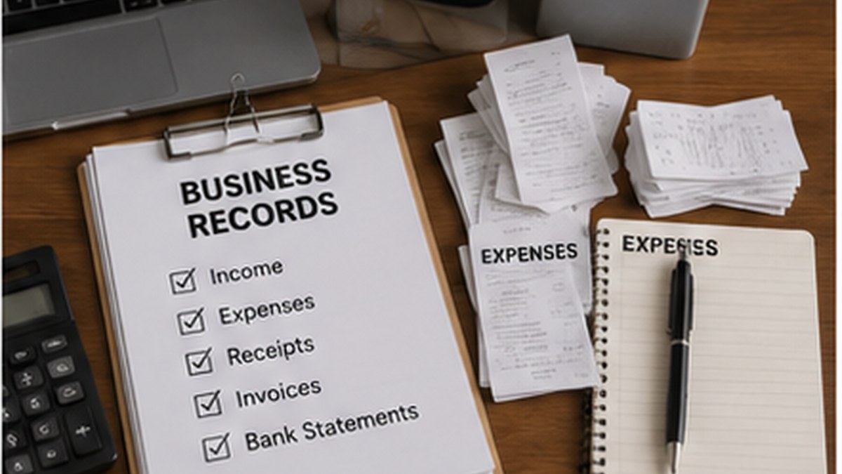 California business tax records with income, expenses, receipts, invoices, and bank statements