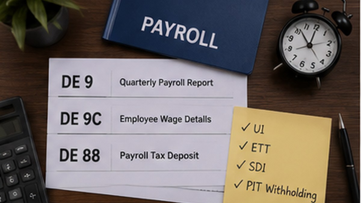 California payroll tax records with EDD forms DE 9, DE 9C, and DE 88